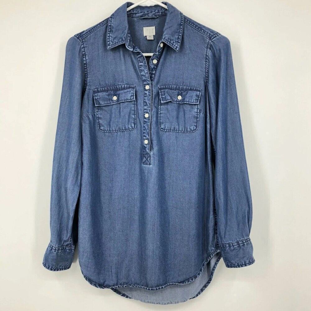 A New Day Women's 1/4 Button Popover Shirt XS Chambray Blue Long Sleeve Top - Picture 3 of 7
